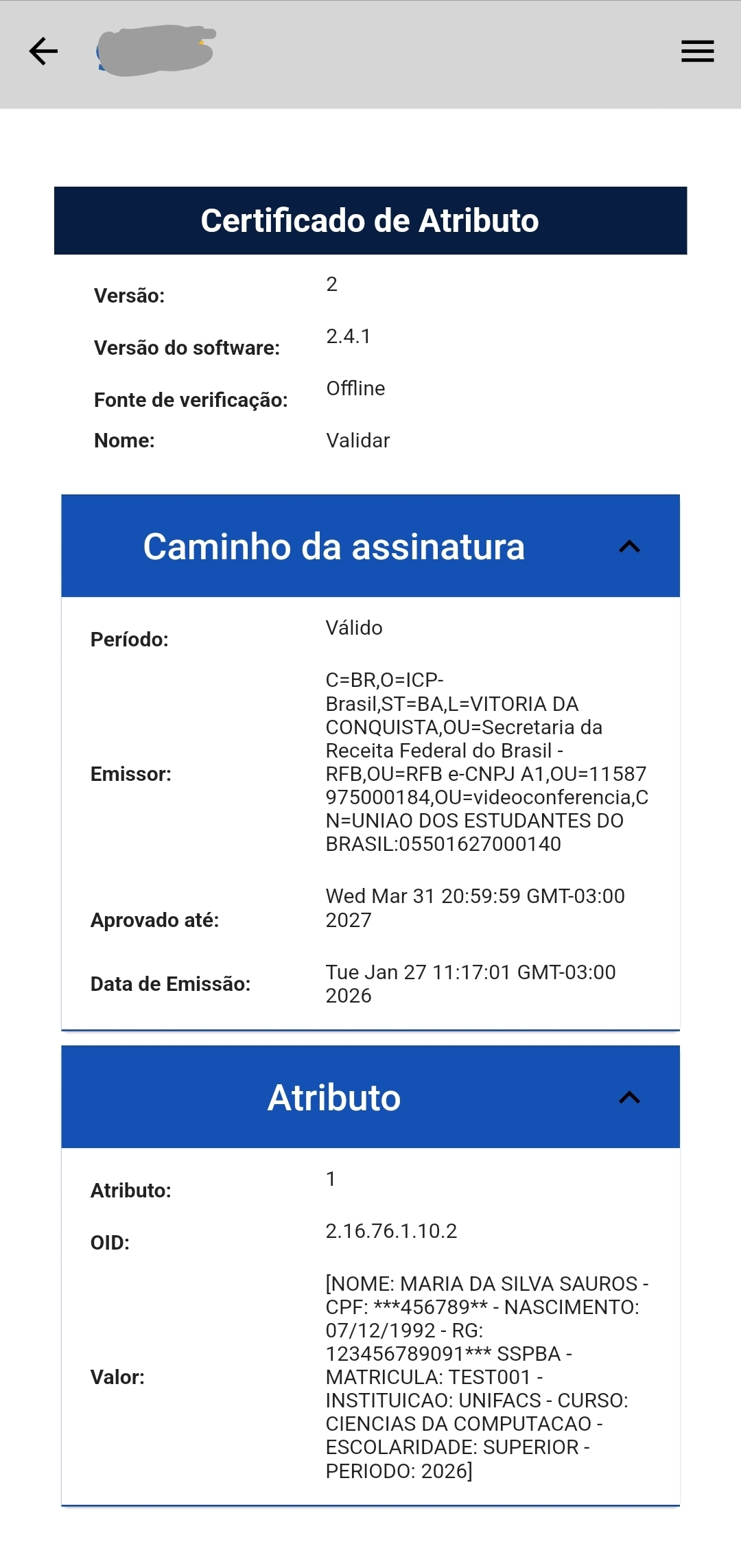 Certificado de Atributo Digital PagMeia